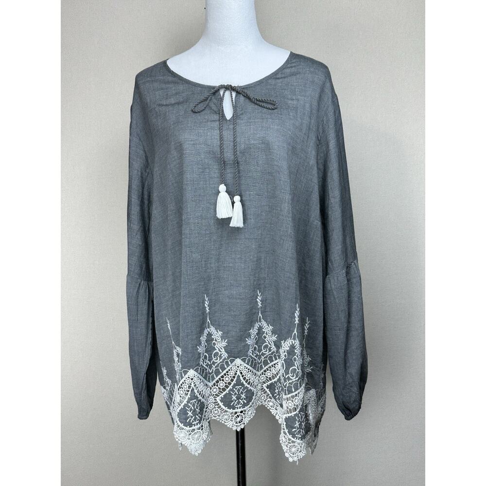 Du Jour Gray Peasant Blouse‎ Embroidered Tasseled Cotton Women's 2XL